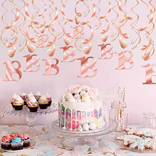 Howaf Decoración de cumpleaños 18 en Oro Rosa, 18 cumpleaños Decoración Colgante remolinos y Feliz cumpleaños 18 Mesa Confeti para Mujeres y niñas 18 Años Decoraciones Fiesta de Cumpleaños