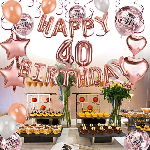 HOWAF Decoración de cumpleaños 40 en Oro Rosa para Mujeres, 59 Piezas Feliz cumpleaños Decoración Globos Guirnalda Banner 40 Años Globos de Confeti y Estrella Corazon Globos de Aluminio