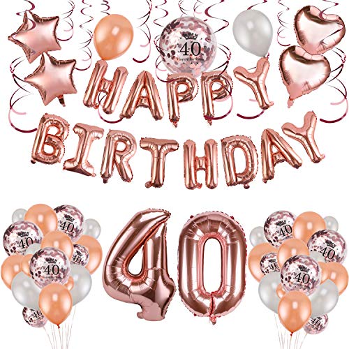 HOWAF Decoración de cumpleaños 40 en Oro Rosa para Mujeres, 59 Piezas Feliz cumpleaños Decoración Globos Guirnalda Banner 40 Años Globos de Confeti y Estrella Corazon Globos de Aluminio