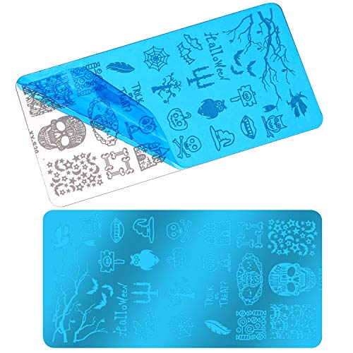 HOWAF Halloween Tamping Nail Art Set, 5 Pcs Plantillas para Uñas Placas estampacion uñas +1pcs Estampador+1pcs Raspador para uñas Halloween decoración manicura niñas Mujer