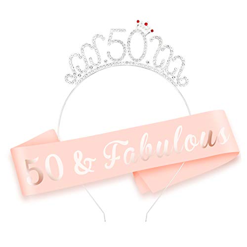 HOWAF Oro Rosa 50 cumpleaños Faja de satén cumpleaños Banda y 50 Diadema Tiara para Mujer 50 Años cumpleaños Fiesta de Decoración Accesorios Regalo Mujer