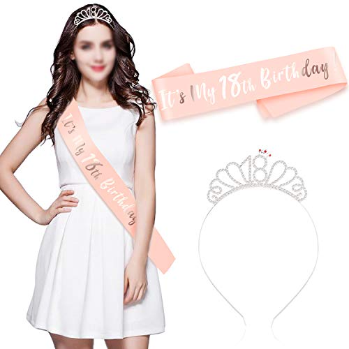 HOWAF Oro Rosa Feliz 18 cumpleaños Faja Banda de satén cumpleaños Sash y 18 Diadema Tiara para niña Mujer 18 Años cumpleaños Fiesta de Decoración Accesorios Regalo