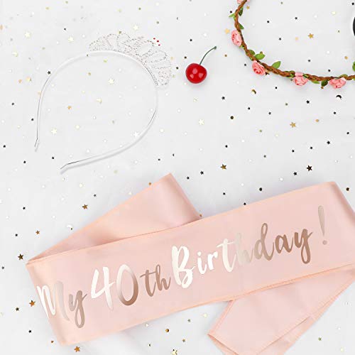HOWAF Oro Rosa Feliz 40 cumpleaños Faja Banda de satén cumpleaños Sash y 40 Diadema Tiara para Mujer 40 Años cumpleaños Fiesta de Decoración Accesorios Regalo