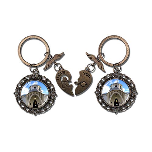 Hqiyaols Keychain España Masia Freixa Terrassa Pareja Llavero Día de San Valentín Llavero Adornos Recuerdo Coleccionable Cristal redondo Bronce Metal 2pcs / Set