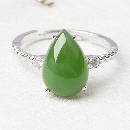 HSUMING Anillos de lágrima para Mujer, 925 Anillo de Gota de Agua de Plata Anillo Abierto de Jade