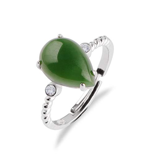 HSUMING Anillos de lágrima para Mujer, 925 Anillo de Gota de Agua de Plata Anillo Abierto de Jade