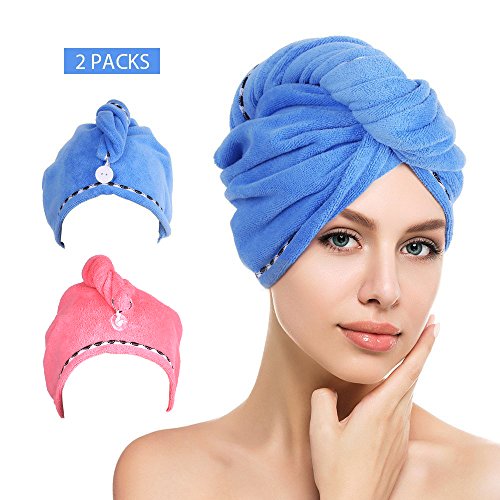 htovila Toalla Pelo 2 pcs, Toalla Súper Absorbente, Toalla de Microfibra, con Botón, Apto para Todos los Tipos de Cabello (Azul + Rosa Oscuro)