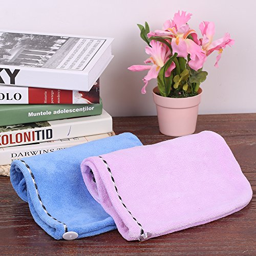 htovila Toalla Pelo 2 pcs, Toalla Súper Absorbente, Toalla de Microfibra, con Botón, Apto para Todos los Tipos de Cabello (Azul + Violeta Claro)