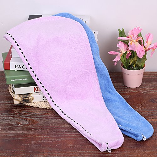 htovila Toalla Pelo 2 pcs, Toalla Súper Absorbente, Toalla de Microfibra, con Botón, Apto para Todos los Tipos de Cabello (Azul + Violeta Claro)