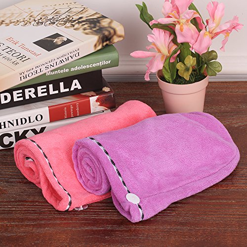 htovila Toalla Pelo 2 pcs, Toalla Súper Absorbente, Toalla de Microfibra, con Botón, Apto para Todos los Tipos de Cabello (Rosa Oscuro + Púrpura)