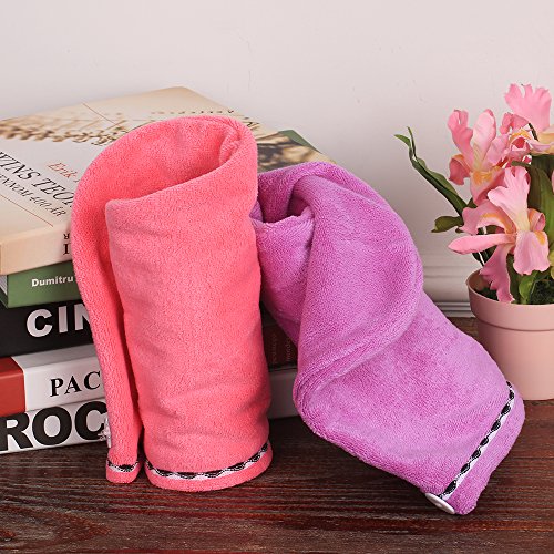 htovila Toalla Pelo 2 pcs, Toalla Súper Absorbente, Toalla de Microfibra, con Botón, Apto para Todos los Tipos de Cabello (Rosa Oscuro + Púrpura)
