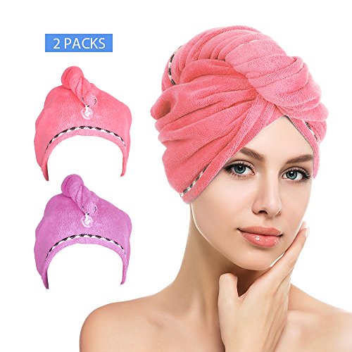 htovila Toalla Pelo 2 pcs, Toalla Súper Absorbente, Toalla de Microfibra, con Botón, Apto para Todos los Tipos de Cabello (Rosa Oscuro + Púrpura)