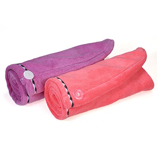 htovila Toalla Pelo 2 pcs, Toalla Súper Absorbente, Toalla de Microfibra, con Botón, Apto para Todos los Tipos de Cabello (Rosa Oscuro + Púrpura)