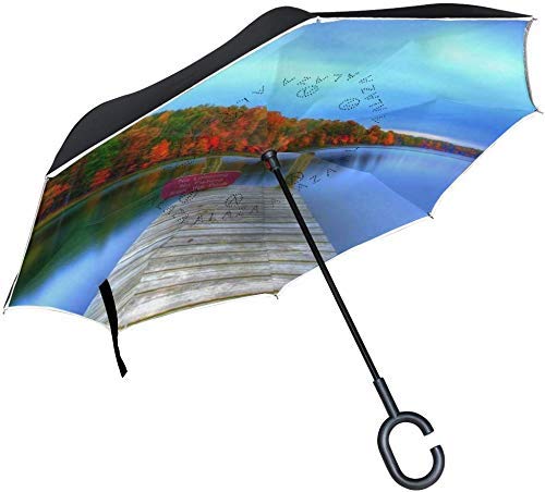 huatongxin Double Layer Rain Ourdoor Car with C Handle Paraguas invertido Beautiful Lake Fores Blue Sky