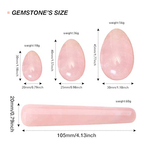 Huevos de cuasting Stick, 3 piezas de huevos de jade de cristal rosa natural perforados + 1 palo de masaje para ejercicios de Kegel, juego de 4 piezas
