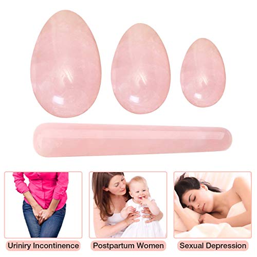Huevos Haude, 3 piezas perforadas de cristal de rosa natural de cuarzo y 1 palo de masaje para ejercicio Kegel, juego de 4 piezas