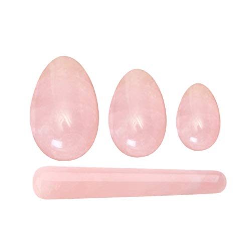 Huevos Haude, 3 piezas perforadas de cristal de rosa natural de cuarzo y 1 palo de masaje para ejercicio Kegel, juego de 4 piezas