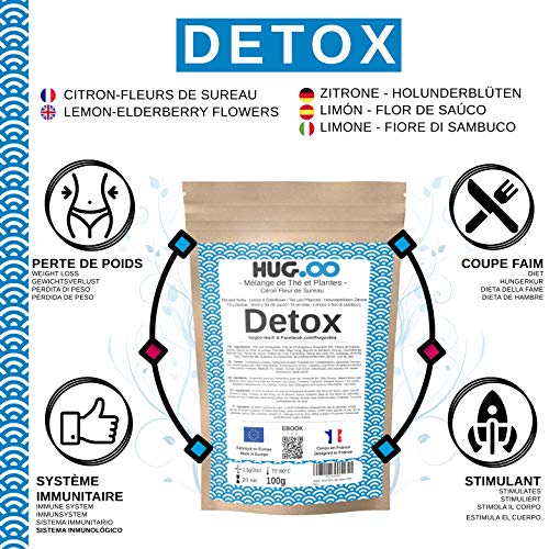 HUGOO Té verde DETOX | Limón-Flores de saúco | Infusión de bienestar | Drenaje rápido y eficiente | Pérdida de peso | Adelgazamiento del vientre plano | Alivio del hambre | Bolsa de 100g + Ebook