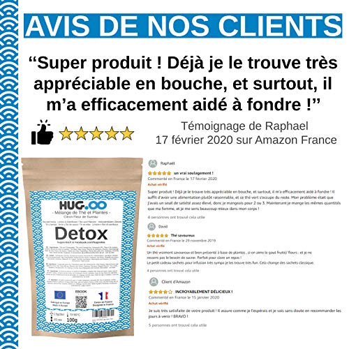 HUGOO Té verde DETOX | Limón-Flores de saúco | Infusión de bienestar | Drenaje rápido y eficiente | Pérdida de peso | Adelgazamiento del vientre plano | Alivio del hambre | Bolsa de 100g + Ebook