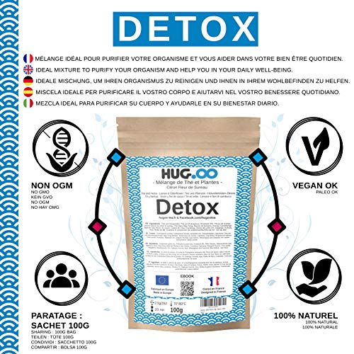 HUGOO Té verde DETOX | Limón-Flores de saúco | Infusión de bienestar | Drenaje rápido y eficiente | Pérdida de peso | Adelgazamiento del vientre plano | Alivio del hambre | Bolsa de 100g + Ebook