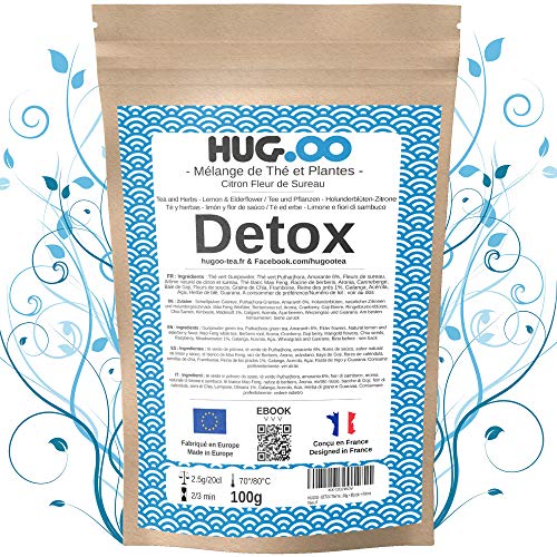 HUGOO Té verde DETOX | Limón-Flores de saúco | Infusión de bienestar | Drenaje rápido y eficiente | Pérdida de peso | Adelgazamiento del vientre plano | Alivio del hambre | Bolsa de 100g + Ebook