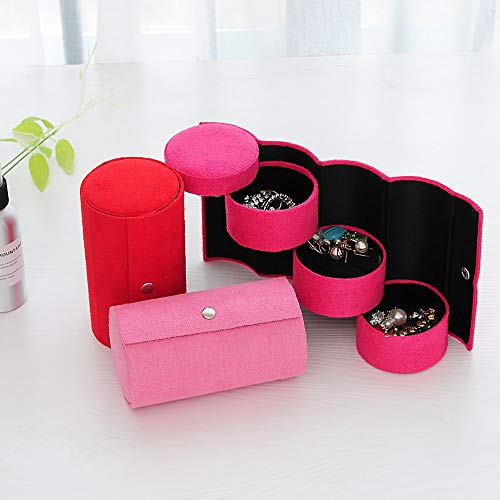HUI JIN - Joyero con forma de cilindro y 3 capas, organizador de joyas enrollable con cierre a presión, color rosa