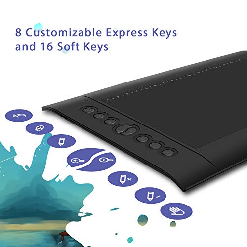 HUION Tableta gráfica H610PRO V2 con lápiz táctil sin Pilas, 8192 Niveles de presión con función de inclinación, 8 Teclas de presión y 16 Teclas programable