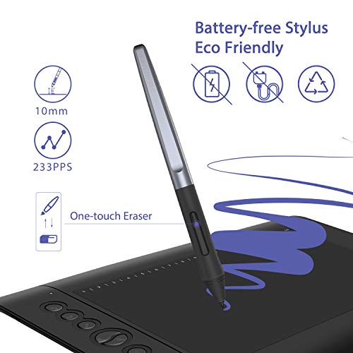 HUION Tableta gráfica H610PRO V2 con lápiz táctil sin Pilas, 8192 Niveles de presión con función de inclinación, 8 Teclas de presión y 16 Teclas programable