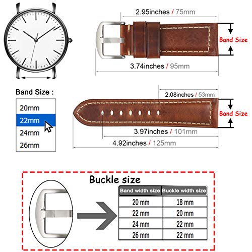HVDHYY Correa de Reloj Cuero Vintage Banda de Repuesto Hebilla de Acero Plateado para Todo Tipo Accesorios de Reloj Deportivo Tradicional 22 mm Marrón