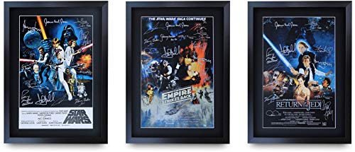 HWC Trading A3 FR The Star Wars Trilogy Movie Poster Collection - Póster de la película de regalo firmado enmarcado con autógrafo impreso de Hamill Harrison Ford Carrie Fisher Alec Guinness Gifts