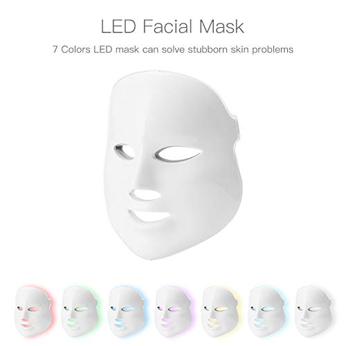 HWZZ 7 Colores LED Máscara Rejuvenecimiento De La Piel Instrumento De Belleza Rojo Azul Luz Instrumento De Belleza Espectrómetro Casero con Máscara para El Cuello,Blanco