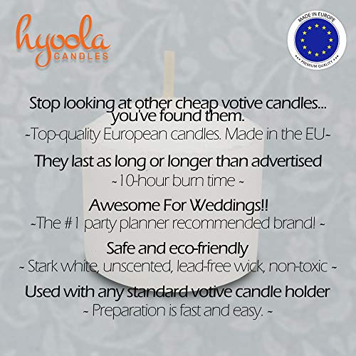 Hyoola Velas votivas europeas sin perfume – 10 horas de tiempo de combustión – Blanco – 100 unidades, fabricadas en Europa