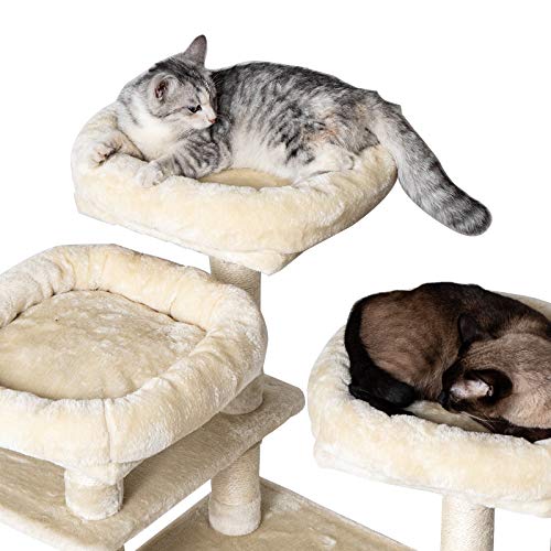 IBUYKE 143cm Árbol para Gato Torre de Escalada de Varios Niveles con 3 Plataformas, 1 Cesta Flotante, 2 Caseta para Gatos, Columnas Recubiertas de Sisal para Gatos, Beige CT020M
