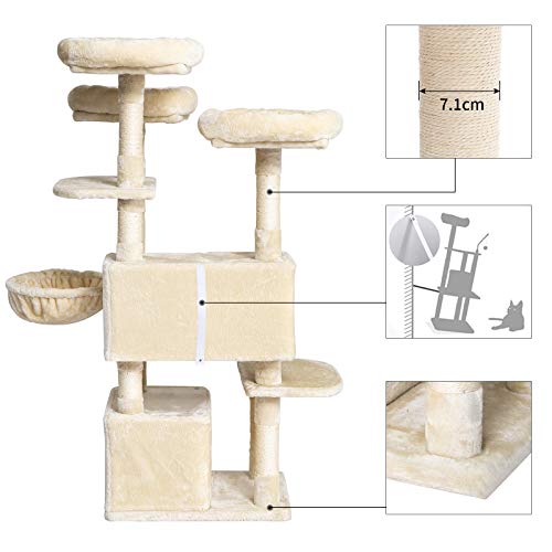 IBUYKE 143cm Árbol para Gato Torre de Escalada de Varios Niveles con 3 Plataformas, 1 Cesta Flotante, 2 Caseta para Gatos, Columnas Recubiertas de Sisal para Gatos, Beige CT020M
