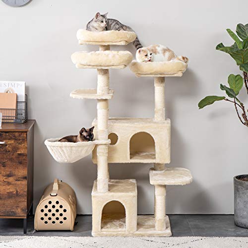 IBUYKE 143cm Árbol para Gato Torre de Escalada de Varios Niveles con 3 Plataformas, 1 Cesta Flotante, 2 Caseta para Gatos, Columnas Recubiertas de Sisal para Gatos, Beige CT020M