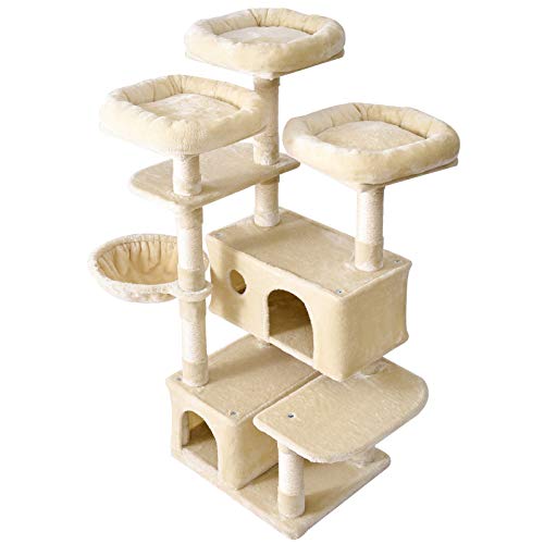 IBUYKE 143cm Árbol para Gato Torre de Escalada de Varios Niveles con 3 Plataformas, 1 Cesta Flotante, 2 Caseta para Gatos, Columnas Recubiertas de Sisal para Gatos, Beige CT020M