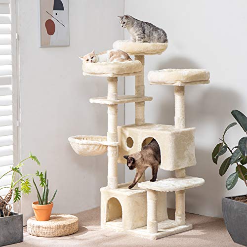 IBUYKE 143cm Árbol para Gato Torre de Escalada de Varios Niveles con 3 Plataformas, 1 Cesta Flotante, 2 Caseta para Gatos, Columnas Recubiertas de Sisal para Gatos, Beige CT020M