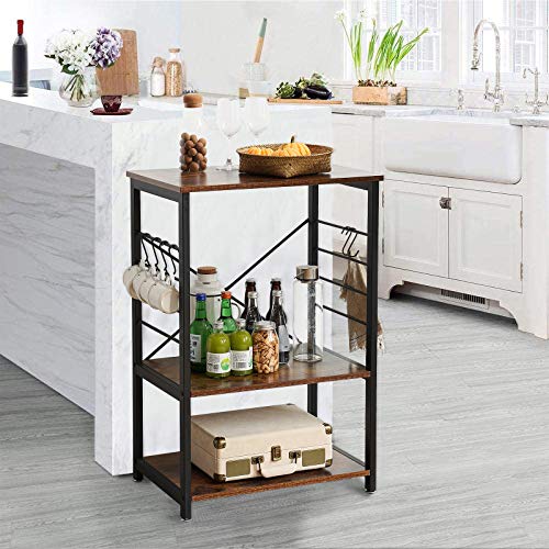 IBUYKE Estantería de Cocina, 60x40x89 cm, Estantería para Microondas con 3 Estantes, para Mini Horno, Marco de Metal con 6 Ganchos, Diseño Industrial TMJ022H