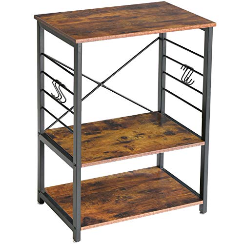 IBUYKE Estantería de Cocina, 60x40x89 cm, Estantería para Microondas con 3 Estantes, para Mini Horno, Marco de Metal con 6 Ganchos, Diseño Industrial TMJ022H