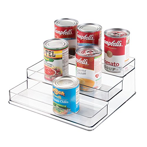 iDesign Organizador de cocina para especias, organizador de armarios grande de plástico con 3 niveles, práctico soporte especiero para especias y latas, transparente