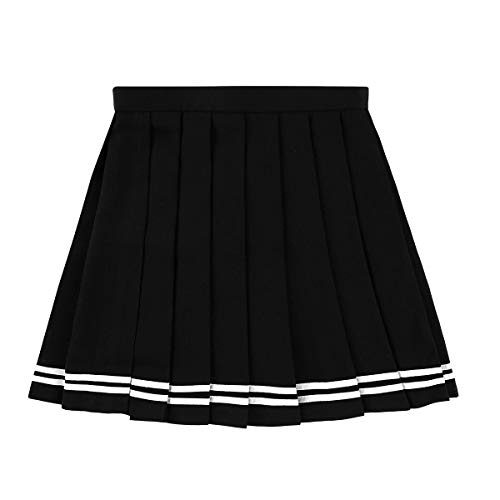 IEFIEL Falda Plisada Mujer Mini Falda Escolar Falda Corta Colegiala Uniforme Falda Escocesa Cintura Alta Elática para Chicas Negro Rayas M