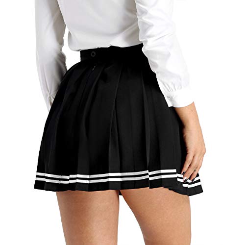 IEFIEL Falda Plisada Mujer Mini Falda Escolar Falda Corta Colegiala Uniforme Falda Escocesa Cintura Alta Elática para Chicas Negro Rayas S