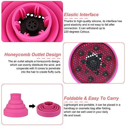 IGRMVIN Difusor de Pelo Plegable Difusor para Secador Portátil Difusor Silicona para Viaje Difusor de Rizos o Pelo Ondulado Adecuado para Uso Doméstico y Peluquería (Rosado)
