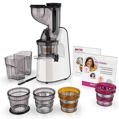 Imetec Succovivo Pro 2000 - Licuadora de prensado en frío, exprimido lento 48 RPM, 2 filtros de jugo, accesorio para granito y sorbetes, kit para máscaras de belleza, con dos libros de recetas