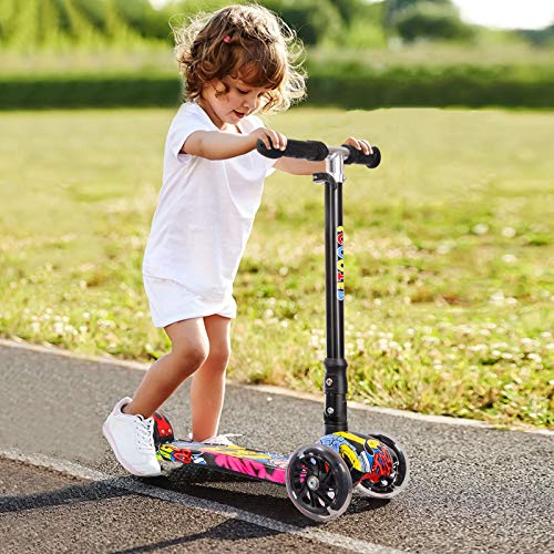 IMMEK Patinete Plegable con 4 Ruedas PU con Led Luces Altura Ajustable Desde 75-85CM con Freno Posterior con Grafitti en Tabla Seguro para Niños