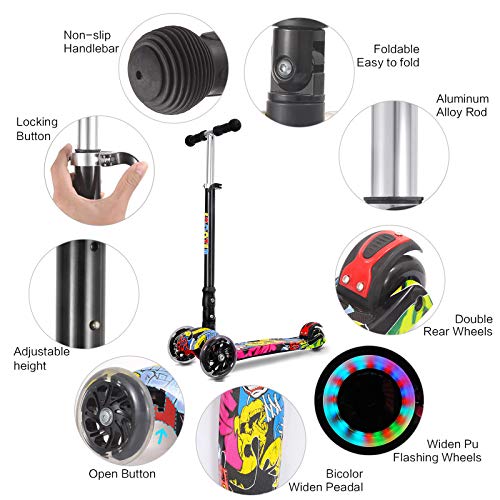 IMMEK Patinete Plegable con 4 Ruedas PU con Led Luces Altura Ajustable Desde 75-85CM con Freno Posterior con Grafitti en Tabla Seguro para Niños