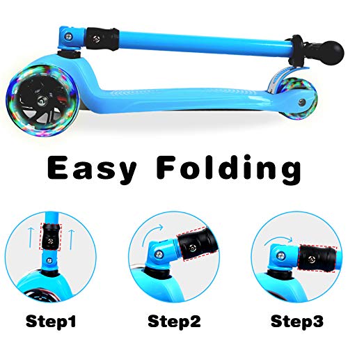 IMMEK Patinete Plegable de Tres Ruedas para Niño y Niña de 3 a 14 Años Bebe Juguetes y Regalos Scooter, Ajustable Altura con 3 Luz LED Luces Iluminadas Rueda Monopatin Carga Máxima 50 KG (Azul)