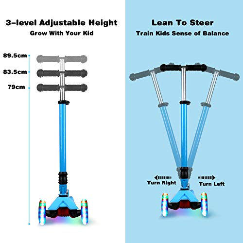 IMMEK Patinete Plegable de Tres Ruedas para Niño y Niña de 3 a 14 Años Bebe Juguetes y Regalos Scooter, Ajustable Altura con 3 Luz LED Luces Iluminadas Rueda Monopatin Carga Máxima 50 KG (Azul)