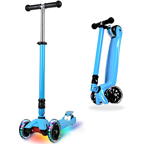 IMMEK Patinete Plegable de Tres Ruedas para Niño y Niña de 3 a 14 Años Bebe Juguetes y Regalos Scooter, Ajustable Altura con 3 Luz LED Luces Iluminadas Rueda Monopatin Carga Máxima 50 KG (Azul)