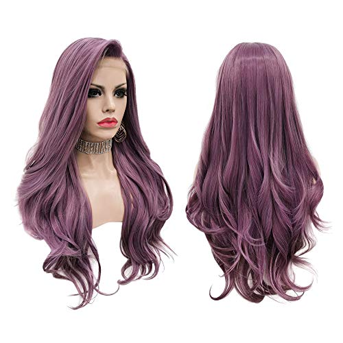 Imstyle Peluca de Encaje Frontal,Color Violeta Morado Lavanda,Pelo Largo Rizado Recto,Para Mujer Drag Queen Show Cosplay Fiesta Disfraces,Sintética Resistente al Calor de Calidad